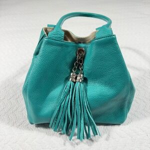 Reversible Pebbled Genuine
Leather Bucket Bag Teal & Grey 2-in-1 Tassel Tote